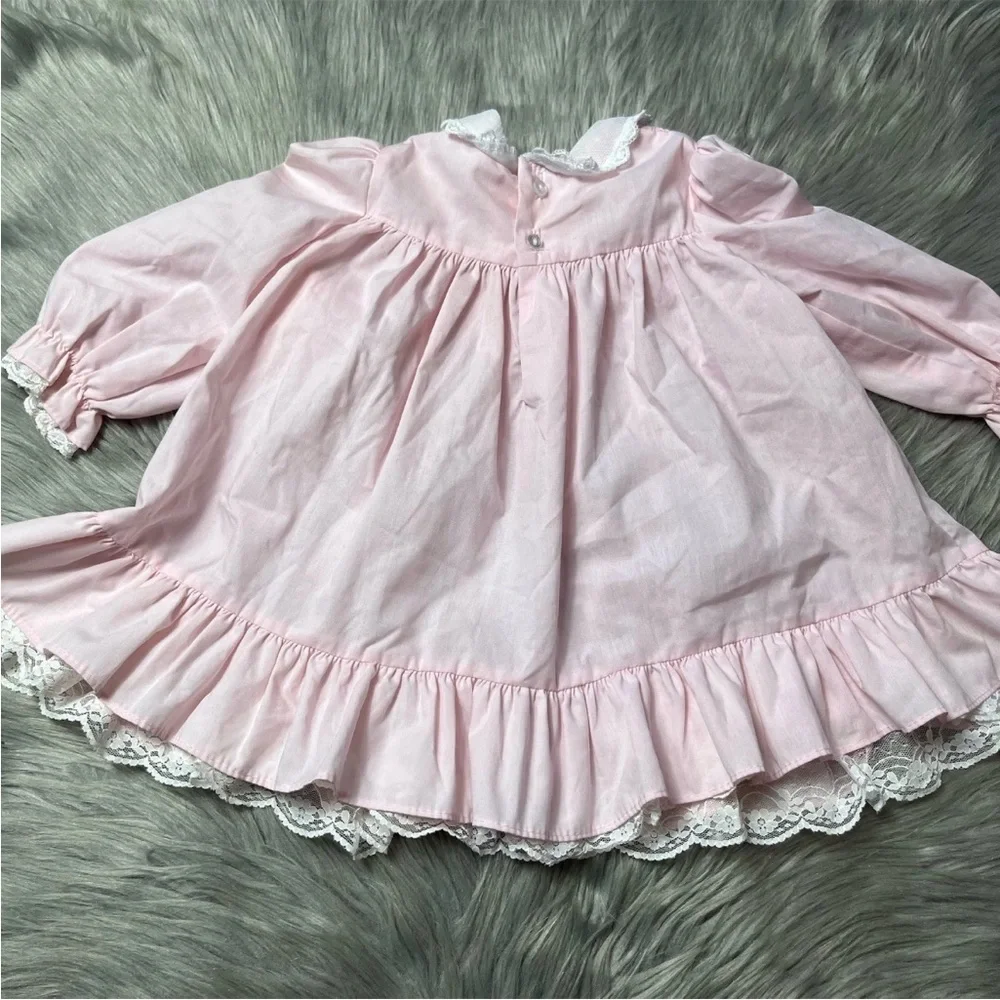 Vintage Polly Flinders Girls Pink White Smocked Ruffle Lace Dress